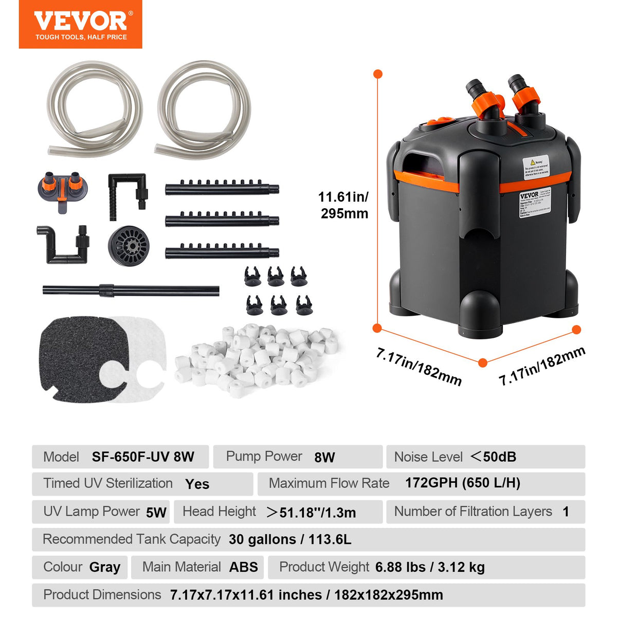VEVOR akvaariumi välisfilter 8 W UV-lambiga, vaikne, akvaariumitele kuni 113 l