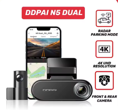 DDPAI N5 DUAL 4K auto video reģistrators – priekšējā un aizmugurējā kamera, Wi-Fi, GPS, ADAS, balss vadība, NightVIS, 24/7 stāvvietas režīms