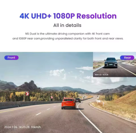 DDPAI N5 DUAL 4K auto video reģistrators – priekšējā un aizmugurējā kamera, Wi-Fi, GPS, ADAS, balss vadība, NightVIS, 24/7 stāvvietas režīms
