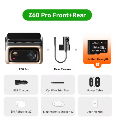 DDPAI Z60 Pro 4K auto video reģistrators – atbalsts 3 kamerām (priekšā, salonā, aizmugurē), SONY STARVIS2, ADAS, 5GHz Wi-Fi, 4G attālinātā piekļuve