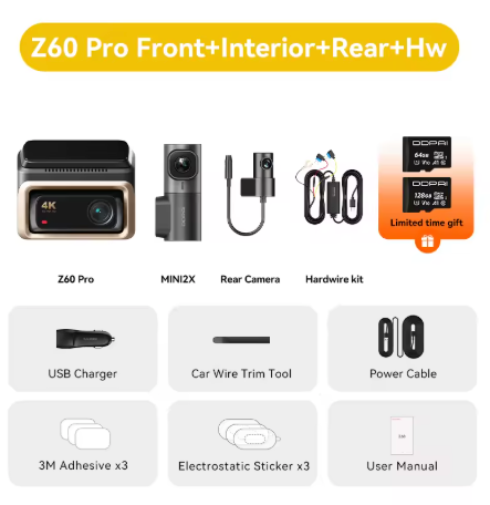 DDPAI Z60 Pro 4K auto video reģistrators – atbalsts 3 kamerām (priekšā, salonā, aizmugurē), SONY STARVIS2, ADAS, 5GHz Wi-Fi, 4G attālinātā piekļuve