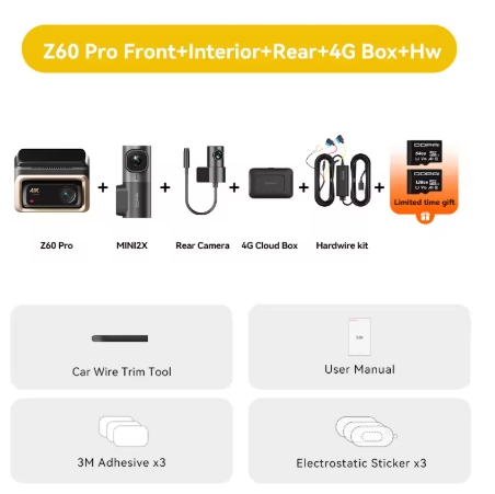 DDPAI Z60 Pro 4K auto video reģistrators – atbalsts 3 kamerām (priekšā, salonā, aizmugurē), SONY STARVIS2, ADAS, 5GHz Wi-Fi, 4G attālinātā piekļuve