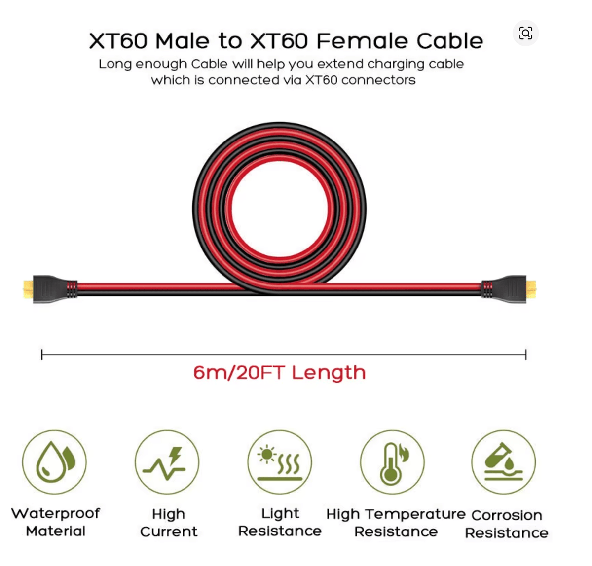 🔌 XT60 Pagarinājuma Kabelis 12AWG (6m) – Power Station un Saules Sistēmām - ZEMLETES.LV