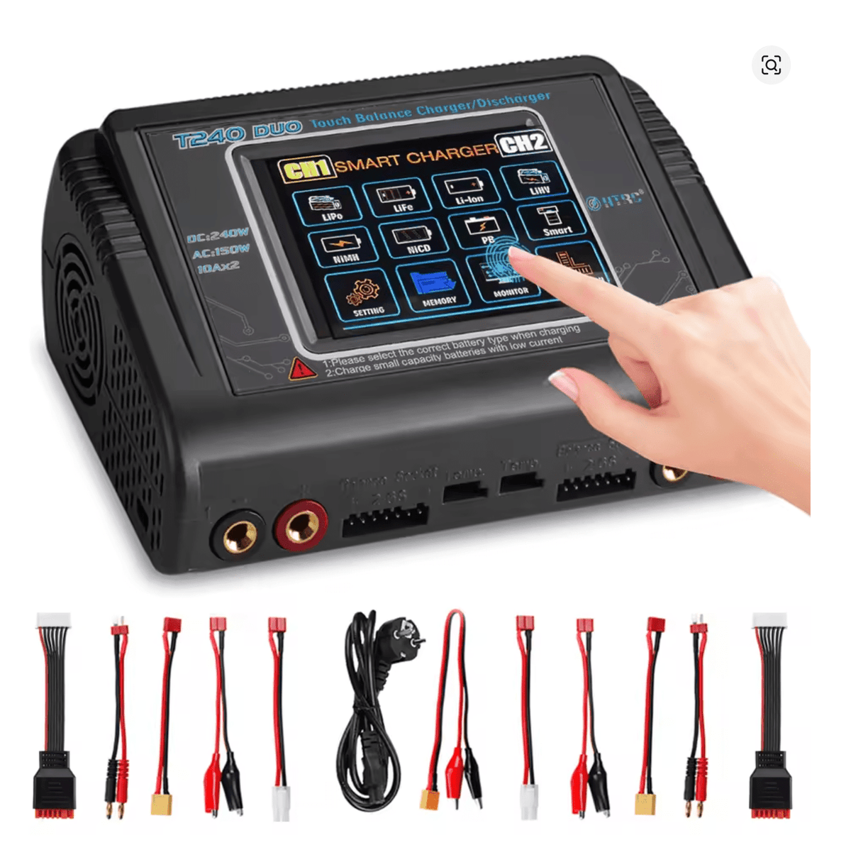 🔋 HTRC T240 DUO Smart Lādētājs 150W/240W 10A – LiPo/Li - ion/NiMH (Touch Screen) - ZEMLETES.LV