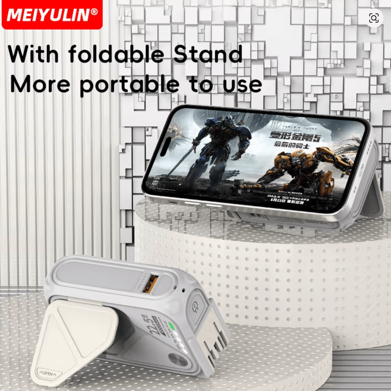 🔋 Magnētiskais Power Bank 20000mAh ar bezvadu uzlādi, statīvu un UK Plug (Fast Charge 20W)Melns - ZEMLETES.LV