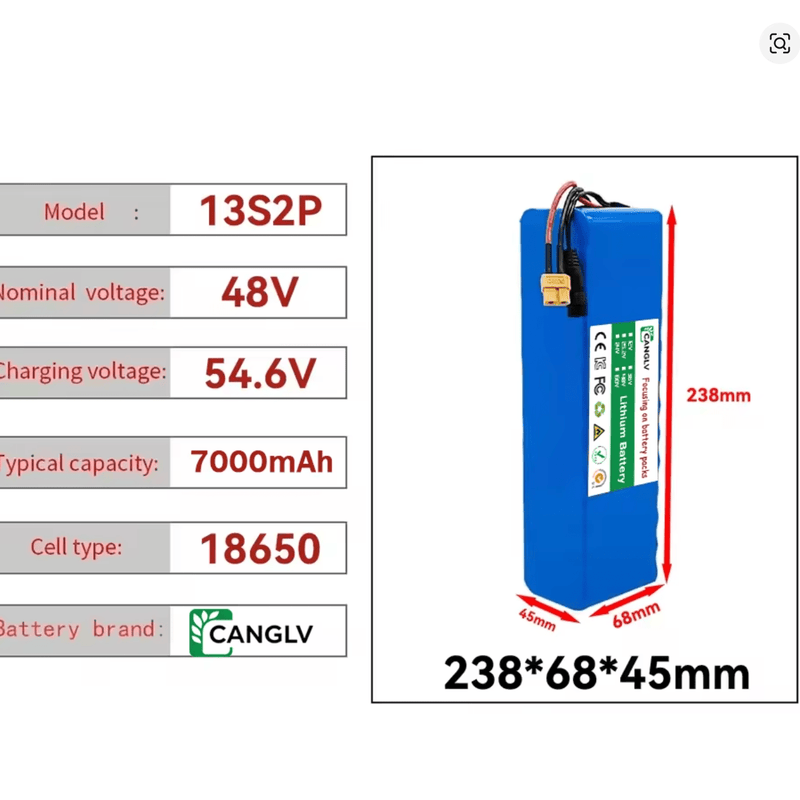 48V 7000mAh Lithium Battery 13S2P (18650) ar BMS un lādētāju e - skrejriteņiem un e - bike - ZEMLETES.LV