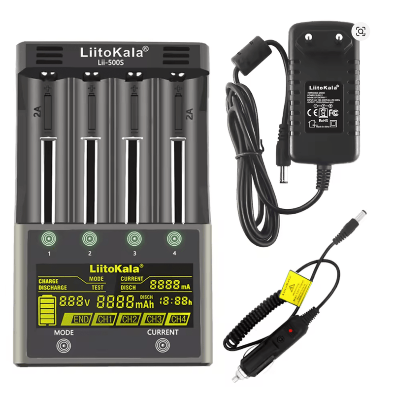 LiitoKala Lii - 500S Smart Battery Charger ar LCD 18650 21700 26650 baterijām (ar adapteri) - ZEMLETES.LV