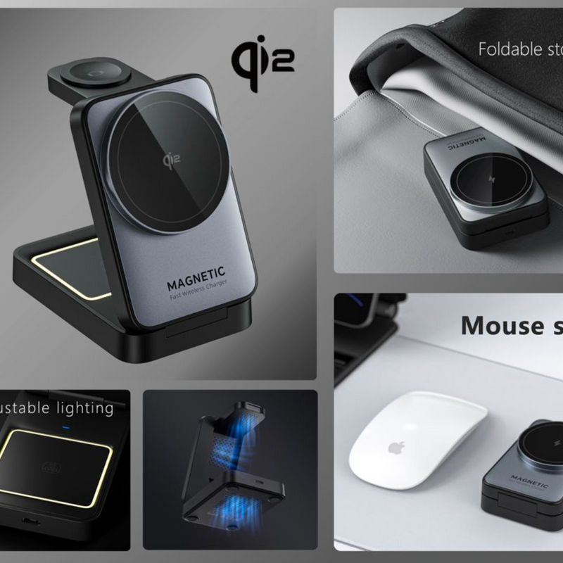 Pieejams no 20.jūlija_W91 Salokāms 3-in-1 Magnētiskais Bezvadu Lādētājs ar Nakts Apgaismojumu (Qi2, 15W)Magsafe