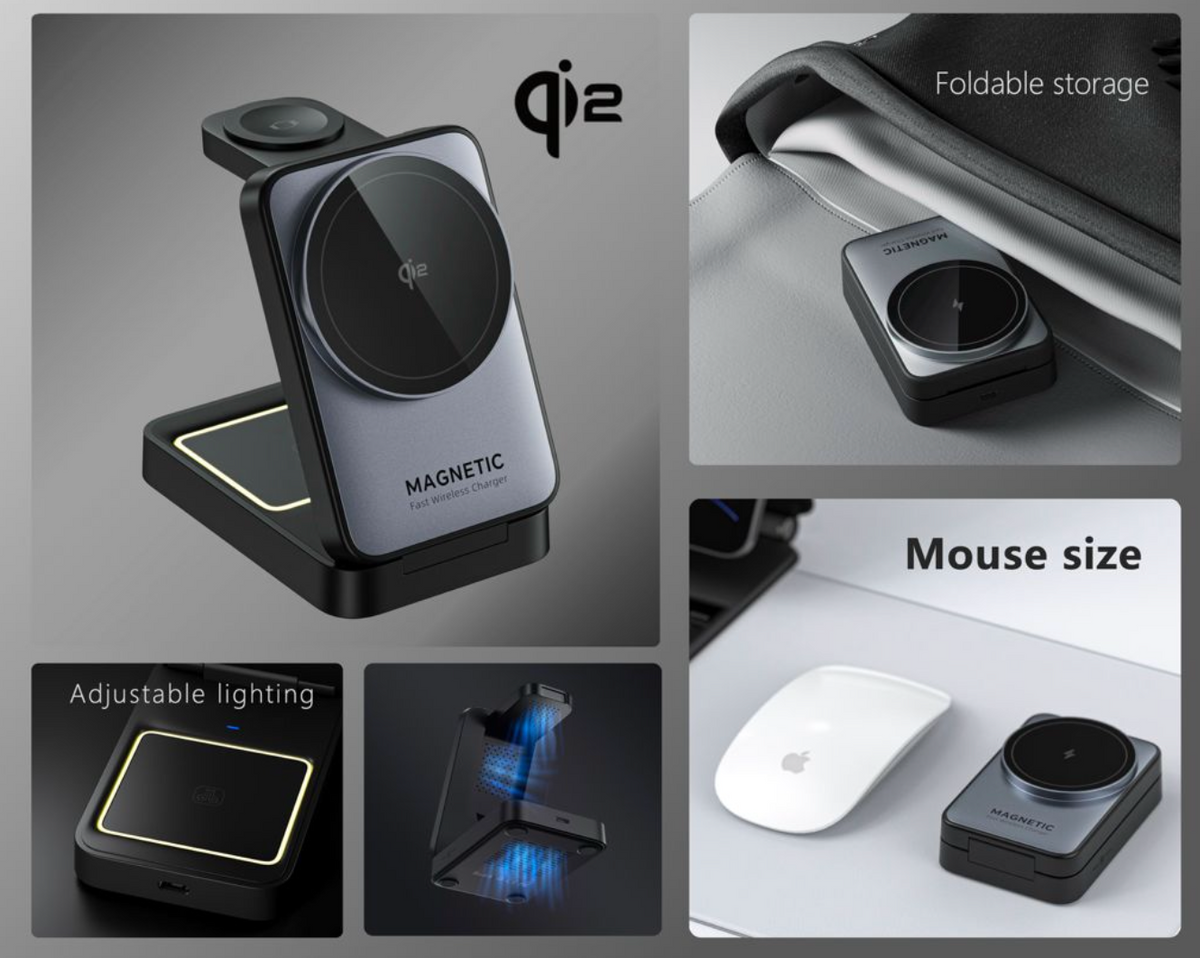 W91 Foldable 3-in-1 Magnetic Wireless Charger with Night Light (Qi2, 15W) MagSafe