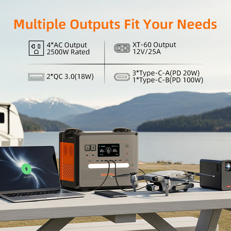 Mobilā LiFePO4 elektrostacija ar saliekamiem ratiņiem, 2500 W, 2304 Wh, 230 V, UPS, 500 W saules uzlāde un 100 W USB-C