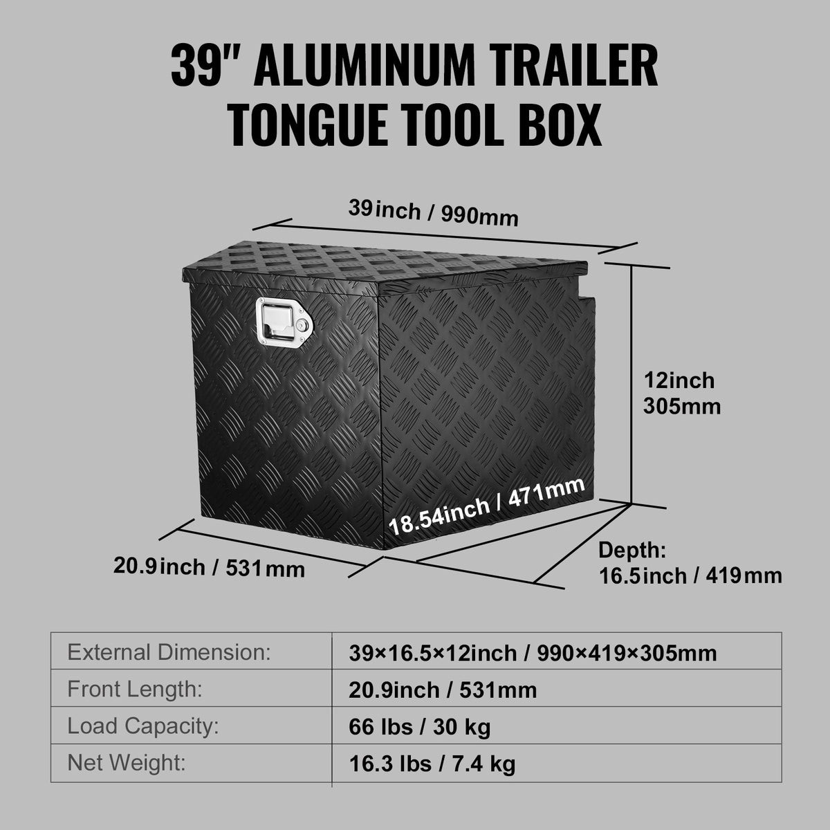 VEVOR Trailer Corner Storage Box, Heavy-Duty Trailer Tool Box with Lock and Keys, Pickup Truck RV Trailer Corner Box, 99 x 42 x 30 cm