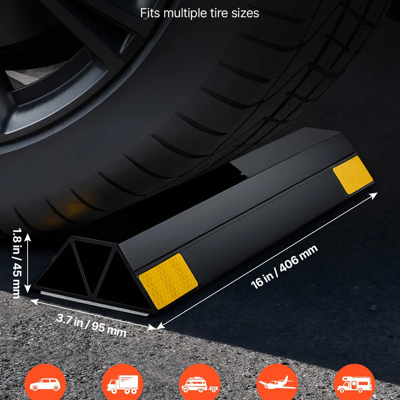 VEVOR stāvvietas apstādinātājs, 406 mm, 2 gab., pastiprināts PP materiāla garāžas grīdas ierobežotājs ar atstarojošām joslām, piemērots automašīnām, furgoniem un kravas transportlīdzekļiem