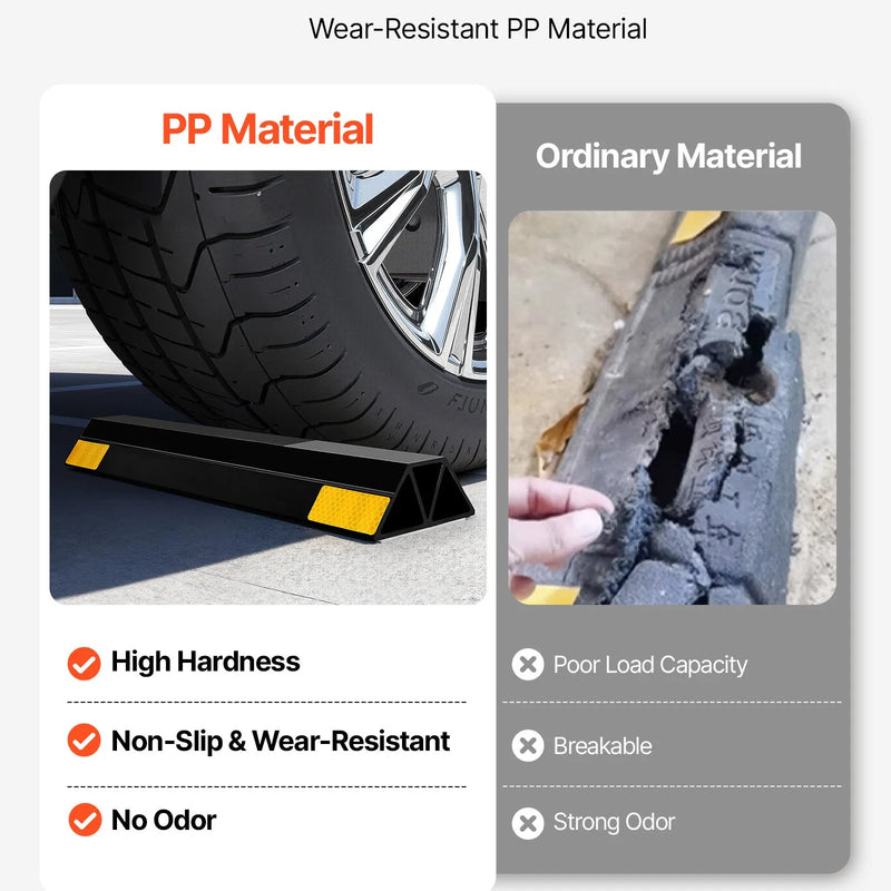VEVOR stāvvietas apstādinātājs, 406 mm, 2 gab., pastiprināts PP materiāla garāžas grīdas ierobežotājs ar atstarojošām joslām, piemērots automašīnām, furgoniem un kravas transportlīdzekļiem