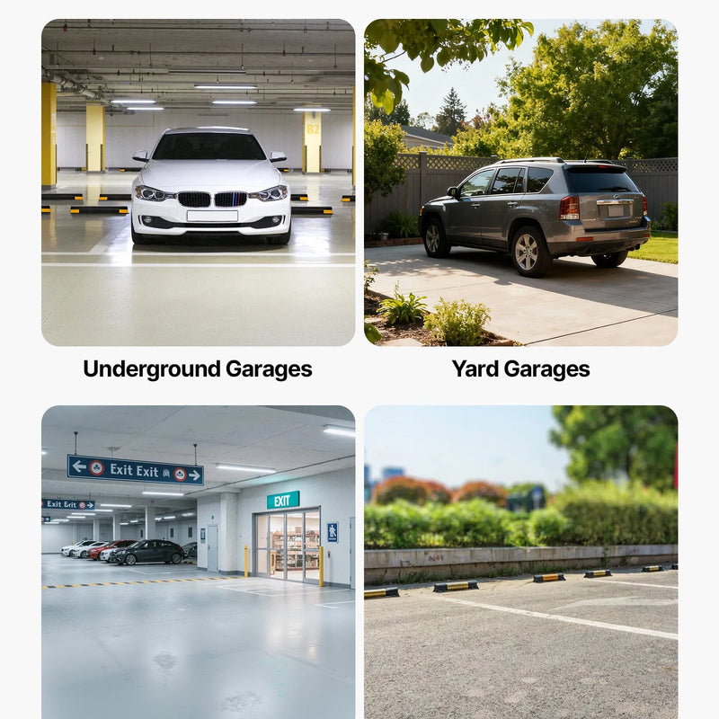 VEVOR stāvvietas apstādinātājs, 406 mm, 2 gab., pastiprināts PP materiāla garāžas grīdas ierobežotājs ar atstarojošām joslām, piemērots automašīnām, furgoniem un kravas transportlīdzekļiem