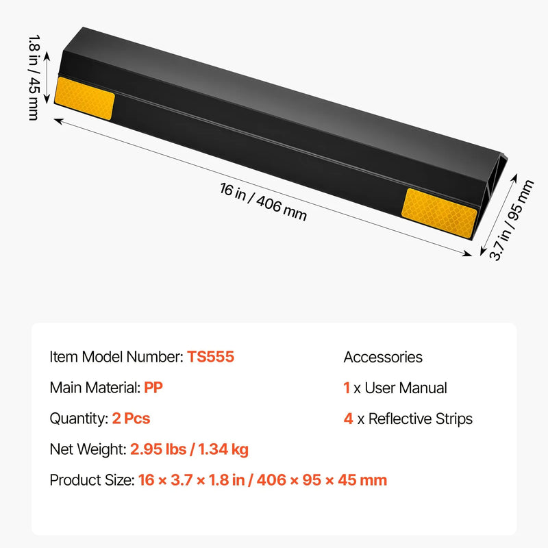 VEVOR stāvvietas apstādinātājs, 406 mm, 2 gab., pastiprināts PP materiāla garāžas grīdas ierobežotājs ar atstarojošām joslām, piemērots automašīnām, furgoniem un kravas transportlīdzekļiem