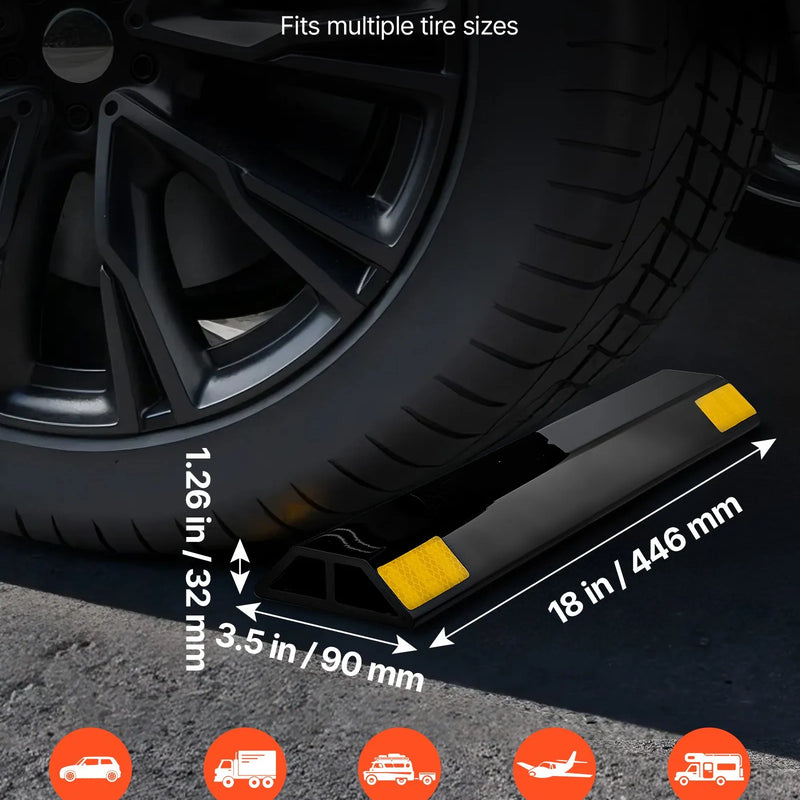 VEVOR stāvvietas apstādinātājs, 446 mm, 2 gab., pastiprināts PP materiāla garāžas grīdas ierobežotājs ar atstarojošām joslām, piemērots automašīnām, furgoniem un kravas transportlīdzekļiem