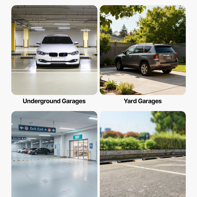 VEVOR stāvvietas apstādinātājs, 446 mm, 2 gab., pastiprināts PP materiāla garāžas grīdas ierobežotājs ar atstarojošām joslām, piemērots automašīnām, furgoniem un kravas transportlīdzekļiem