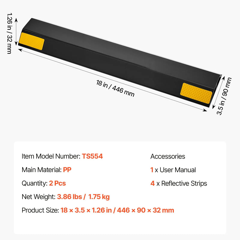 VEVOR stāvvietas apstādinātājs, 446 mm, 2 gab., pastiprināts PP materiāla garāžas grīdas ierobežotājs ar atstarojošām joslām, piemērots automašīnām, furgoniem un kravas transportlīdzekļiem