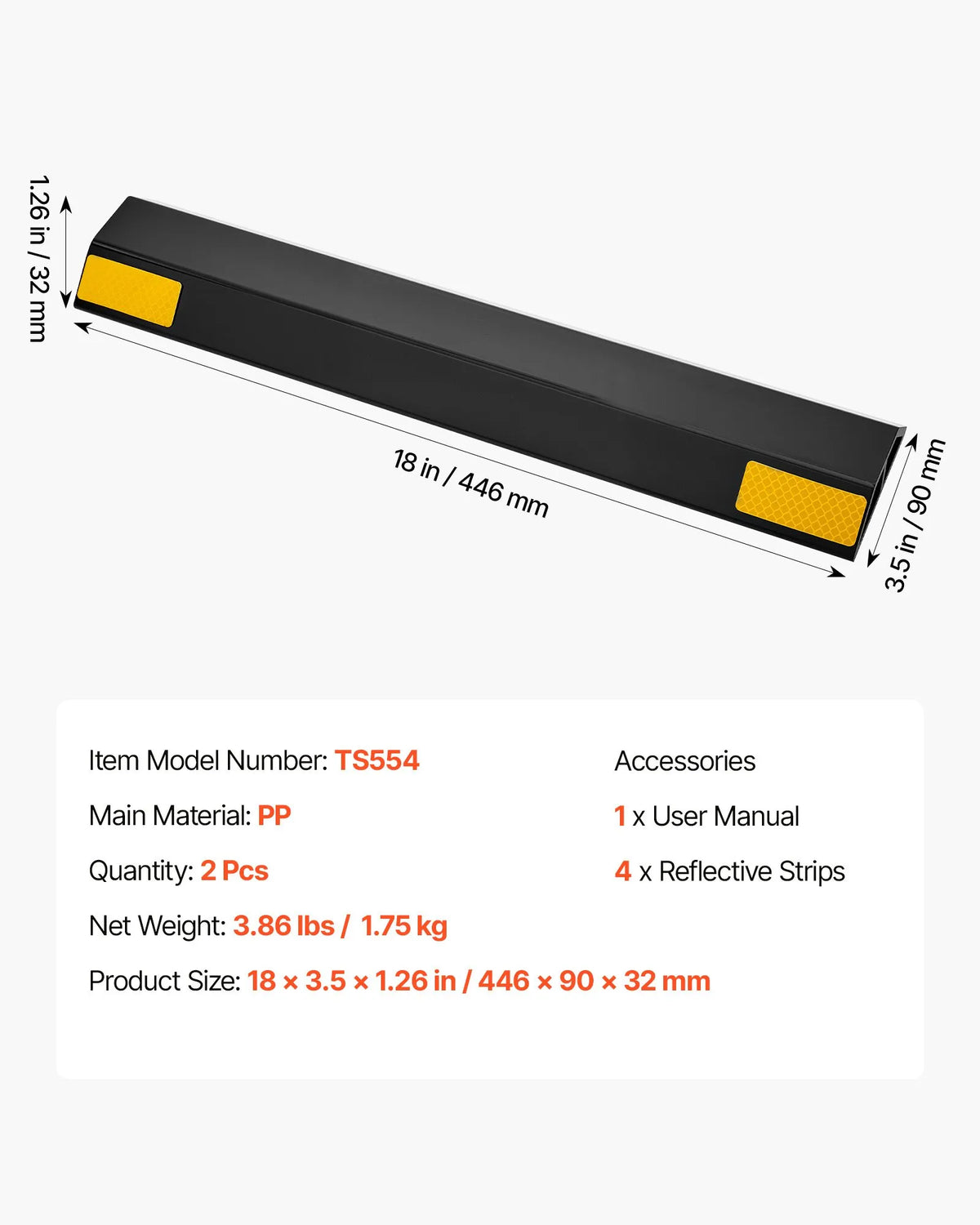 VEVOR Parking Stopper, 446 mm, 2 Pack, Reinforced PP Garage Floor Barrier with Reflective Strips, Suitable for Cars, Vans and Trucks