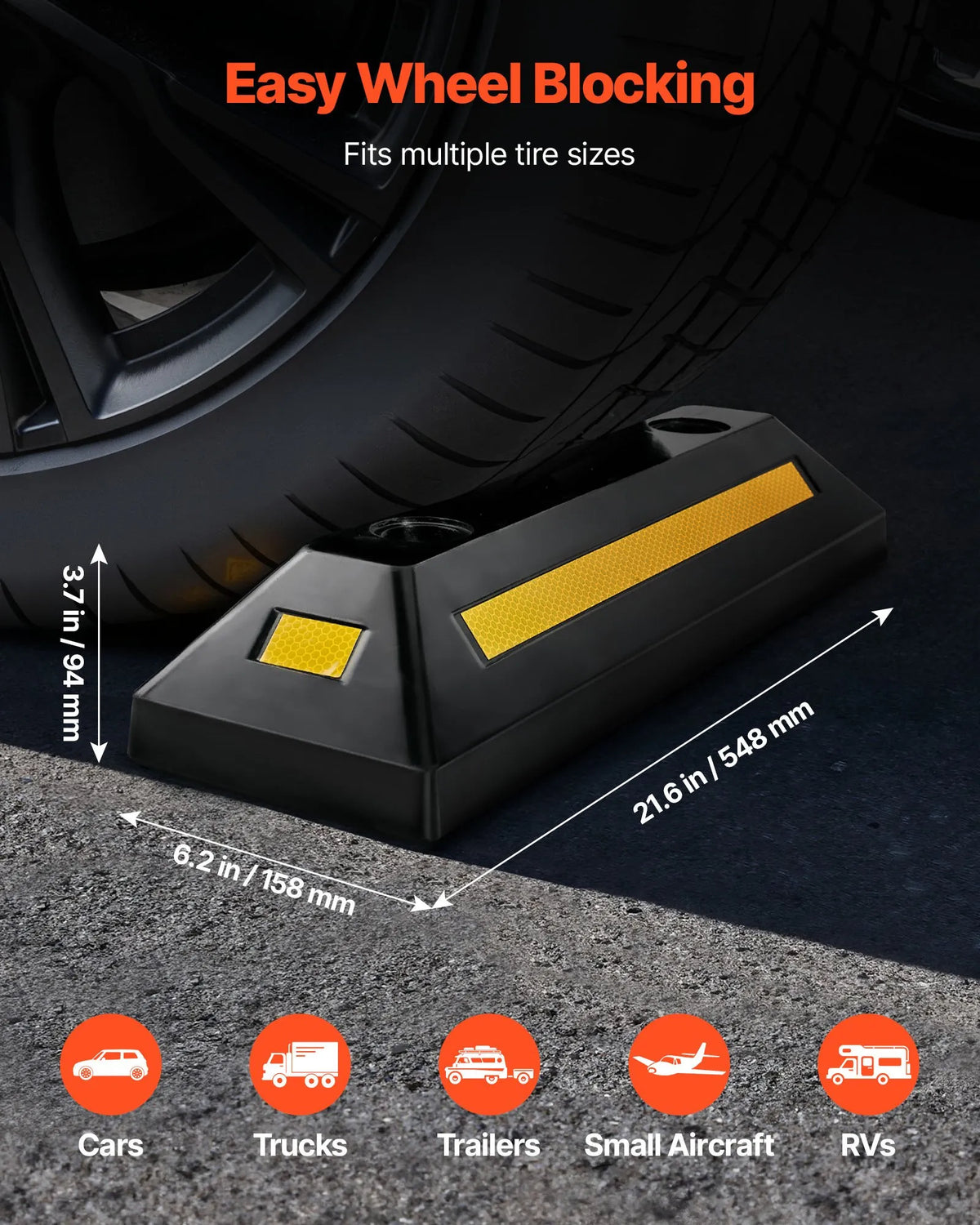 VEVOR Rubber Parking Stopper, 548 mm, 2 pcs, Reinforced Garage Floor Barrier with Reflective Strips for Cars, Vans and Trucks