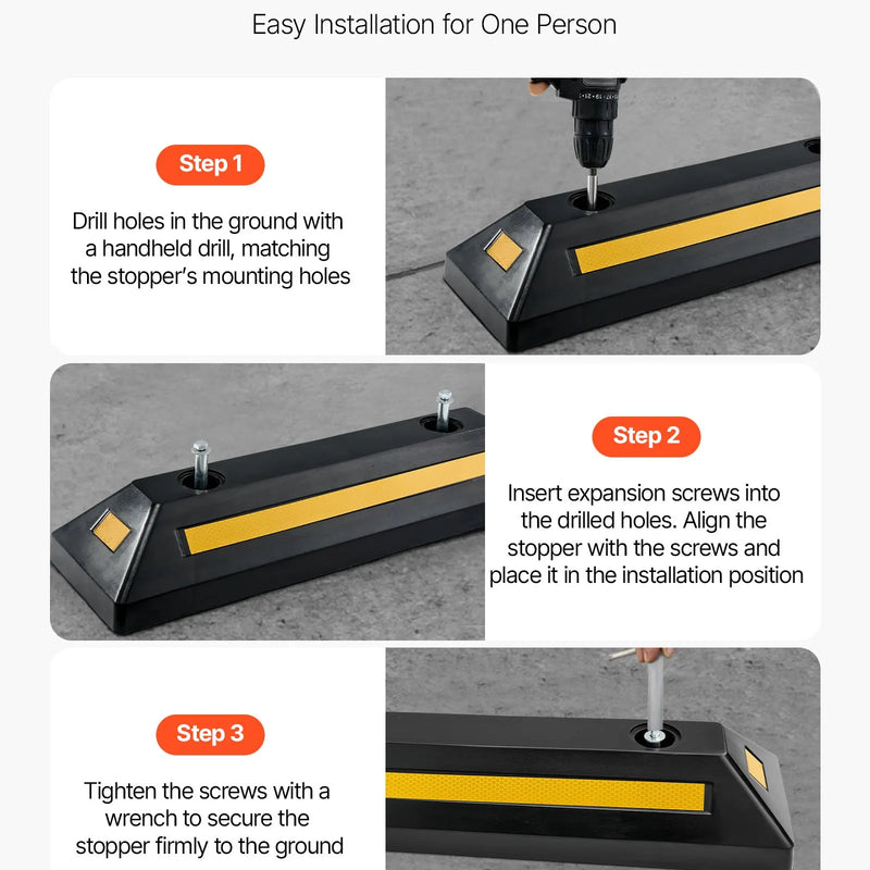 VEVOR gumijas stāvvietas apstādinātājs, 548 mm, 2 gab., pastiprināts garāžas grīdas ierobežotājs ar atstarojošām joslām automašīnām, furgoniem un kravas transportam
