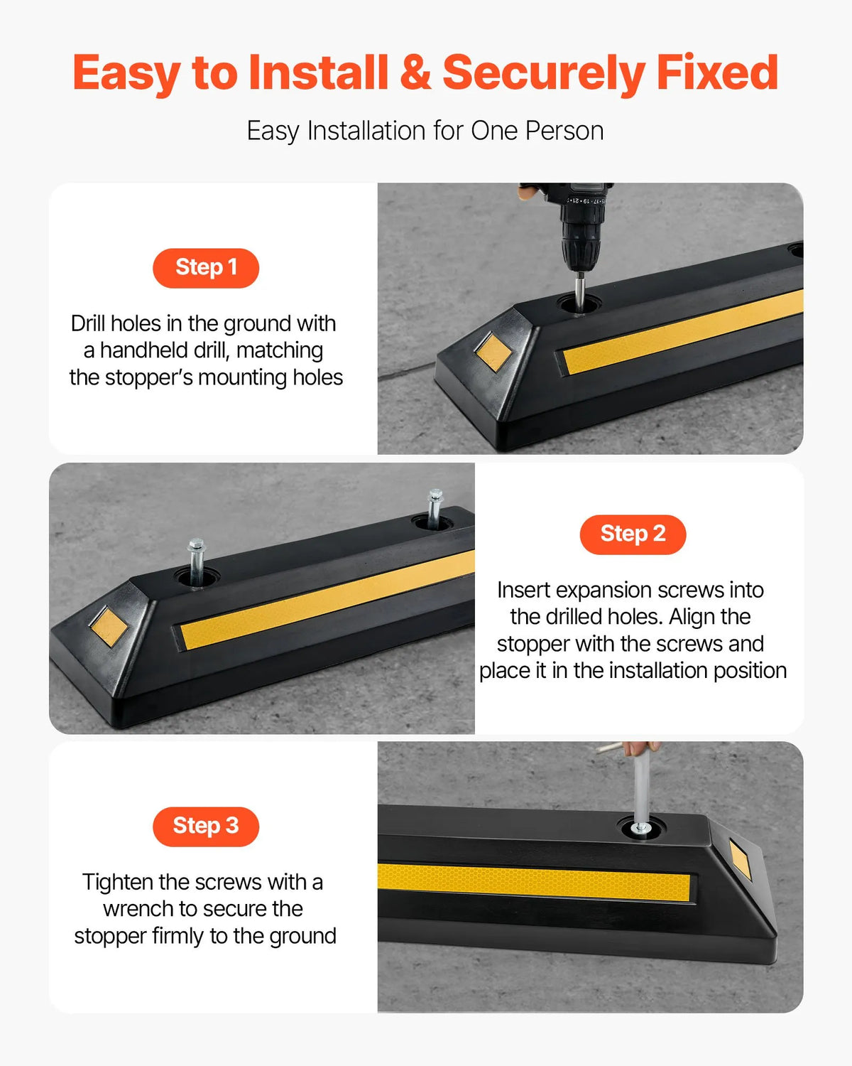 VEVOR Rubber Parking Stopper, 548 mm, 2 pcs, Reinforced Garage Floor Barrier with Reflective Strips for Cars, Vans and Trucks
