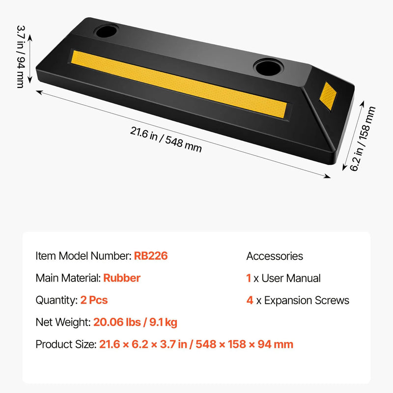 VEVOR gumijas stāvvietas apstādinātājs, 548 mm, 2 gab., pastiprināts garāžas grīdas ierobežotājs ar atstarojošām joslām automašīnām, furgoniem un kravas transportam