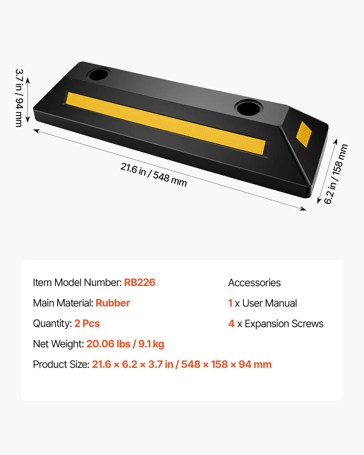 VEVOR Rubber Parking Stopper, 548 mm, 2 pcs, Reinforced Garage Floor Barrier with Reflective Strips for Cars, Vans and Trucks