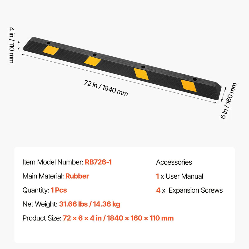VEVOR gumijas stāvvietas apstādinātājs, 1840 mm, pastiprināts garāžas grīdas ierobežotājs ar atstarojošām joslām automašīnām, furgoniem un kravas transportam