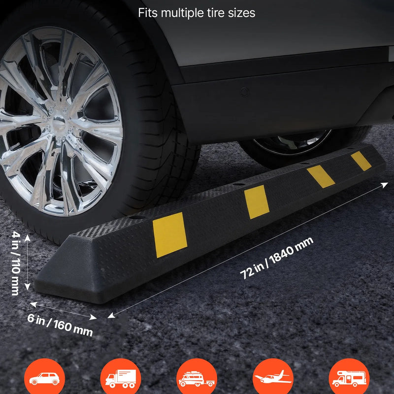 VEVOR gumijas stāvvietas apstādinātājs, 1840 mm, 2 gab., pastiprināts garāžas grīdas ierobežotājs ar atstarojošām joslām, piemērots automašīnām, furgoniem un kravas transportlīdzekļiem