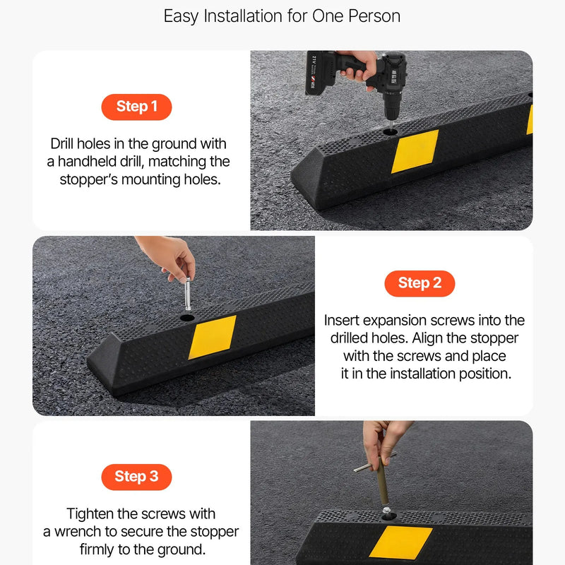 VEVOR gumijas stāvvietas apstādinātājs, 1840 mm, 2 gab., pastiprināts garāžas grīdas ierobežotājs ar atstarojošām joslām, piemērots automašīnām, furgoniem un kravas transportlīdzekļiem