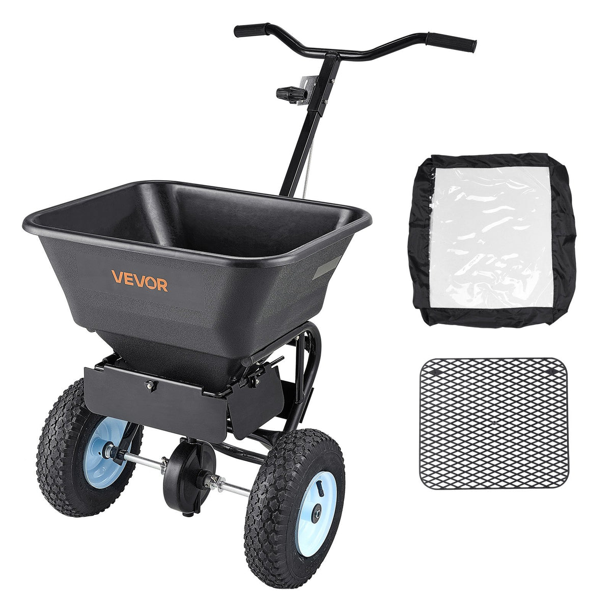 VEVOR stumjamais zāliena izkliedētājs ar 45,4 kg ietilpību, 0–3 m izkliedes platums, 33 cm visurgājēja pneimatiskās riepas, mēslojuma izkliedētājs ar tvertnes režģi sēklām, sālim un pretslīdes materiāliem - ZEMLETES.LV