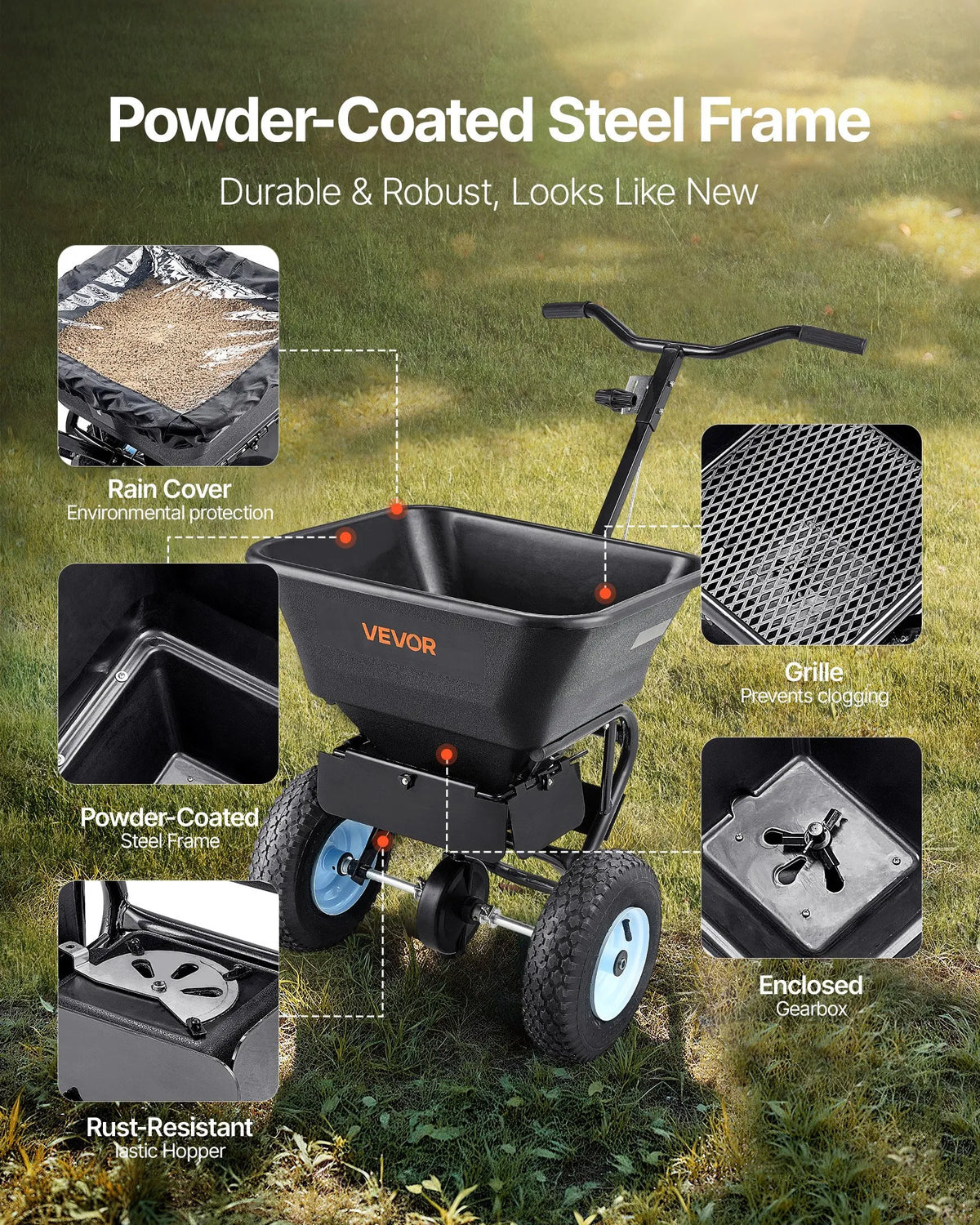 VEVOR stumjamais zāliena izkliedētājs ar 45,4 kg ietilpību, 0–3 m izkliedes platums, 33 cm visurgājēja pneimatiskās riepas, mēslojuma izkliedētājs ar tvertnes režģi sēklām, sālim un pretslīdes materiāliem - ZEMLETES.LV