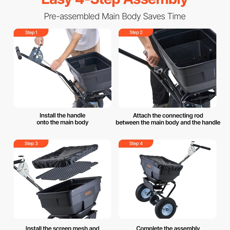 VEVOR stumjamais zāliena izkliedētājs ar 45,4 kg ietilpību, 0–3 m izkliedes platums, 33 cm visurgājēja pneimatiskās riepas, mēslojuma izkliedētājs ar tvertnes režģi sēklām, sālim un pretslīdes materiāliem