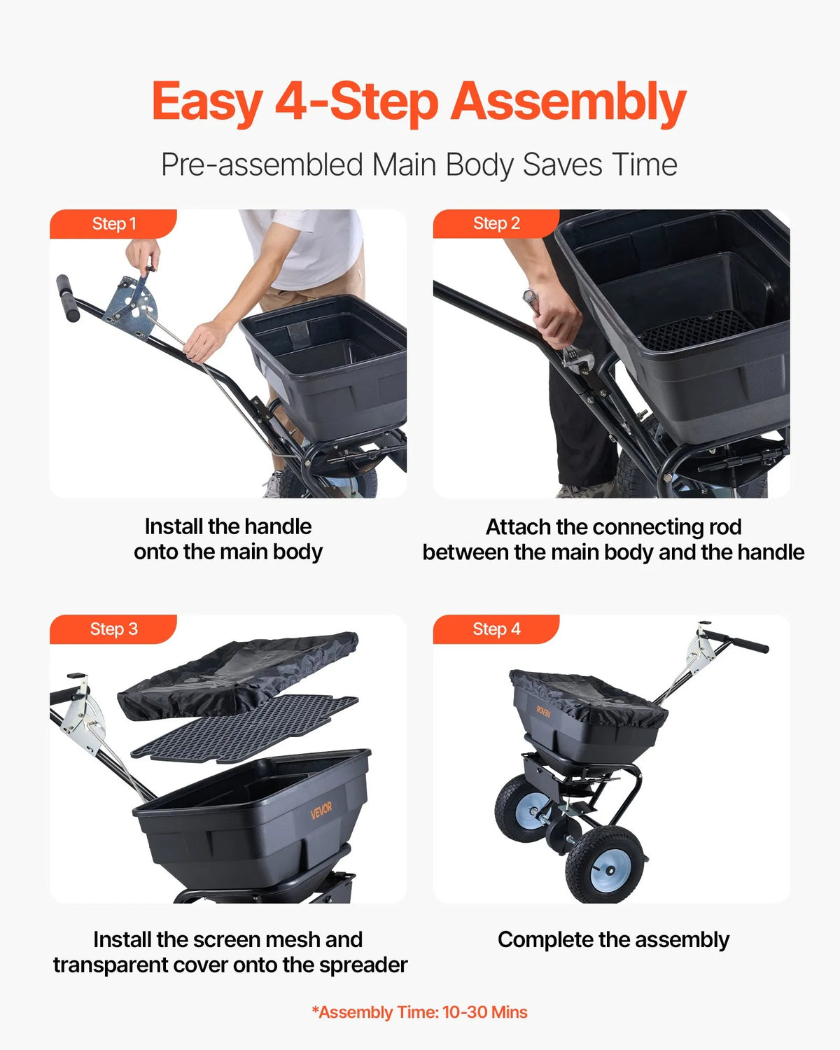 VEVOR stumjamais zāliena izkliedētājs ar 45,4 kg ietilpību, 0–3 m izkliedes platums, 33 cm visurgājēja pneimatiskās riepas, mēslojuma izkliedētājs ar tvertnes režģi sēklām, sālim un pretslīdes materiāliem - ZEMLETES.LV
