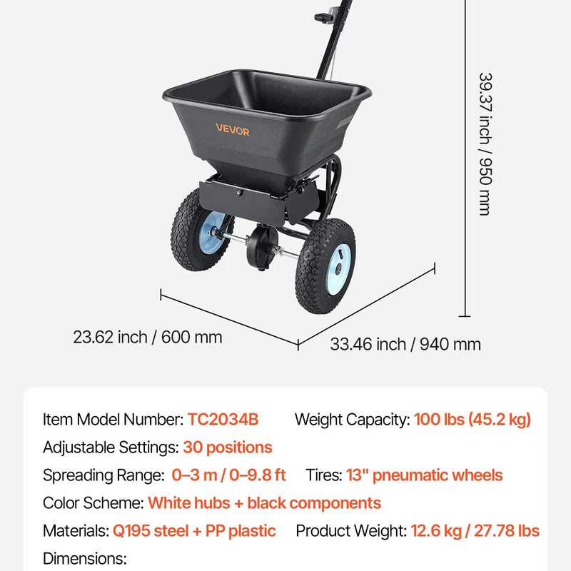VEVOR stumjamais zāliena izkliedētājs ar 45,4 kg ietilpību, 0–3 m izkliedes platums, 33 cm visurgājēja pneimatiskās riepas, mēslojuma izkliedētājs ar tvertnes režģi sēklām, sālim un pretslīdes materiāliem