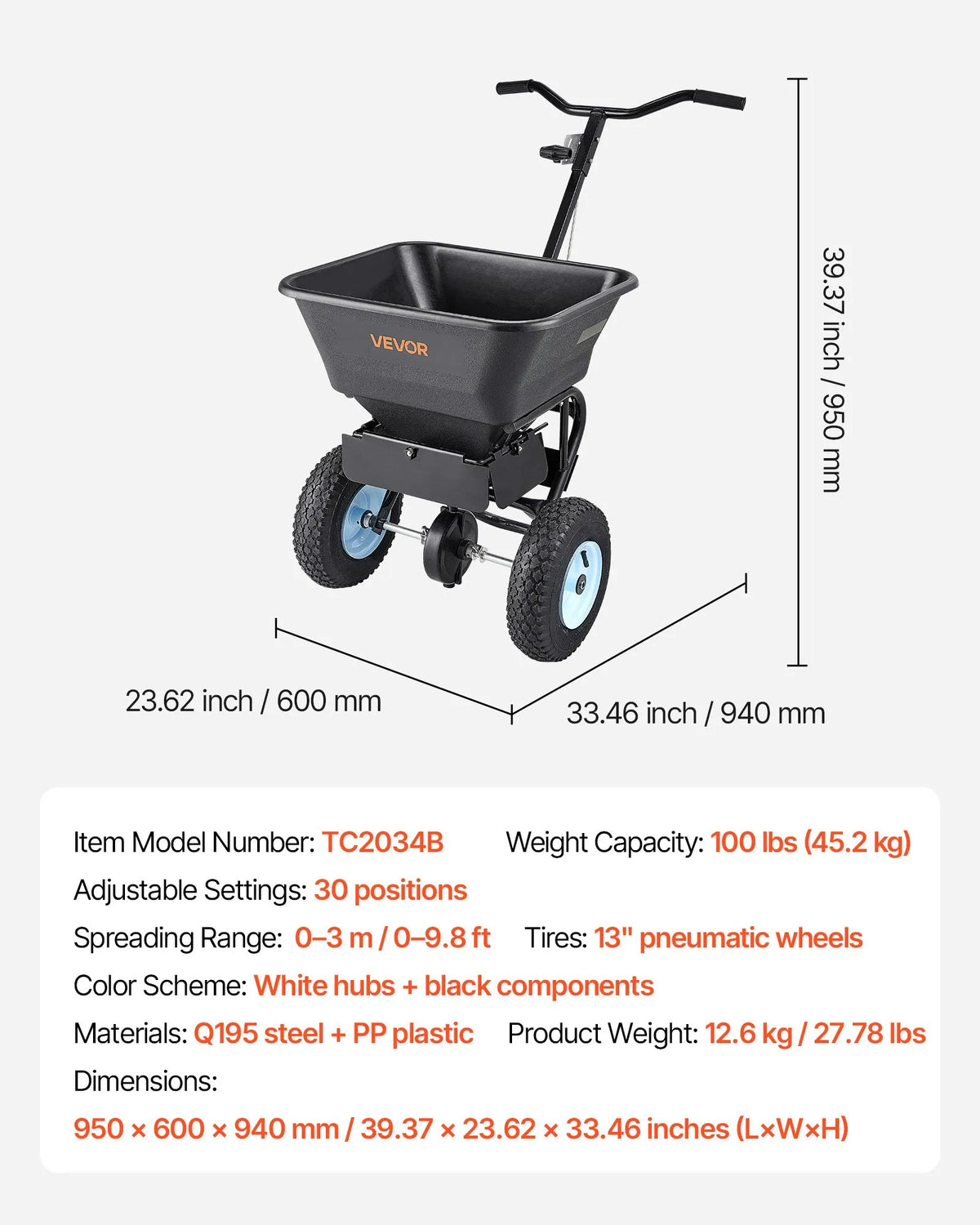 VEVOR stumjamais zāliena izkliedētājs ar 45,4 kg ietilpību, 0–3 m izkliedes platums, 33 cm visurgājēja pneimatiskās riepas, mēslojuma izkliedētājs ar tvertnes režģi sēklām, sālim un pretslīdes materiāliem - ZEMLETES.LV