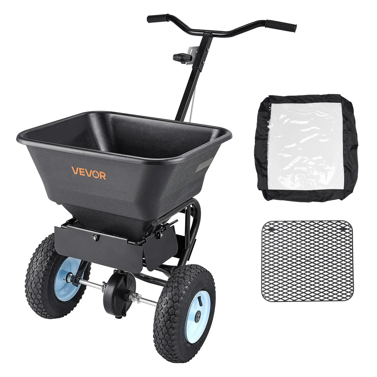 VEVOR stumjamais zāliena izkliedētājs ar 45,4 kg ietilpību, 0–3 m izkliedes platums, 33 cm visurgājēja pneimatiskās riepas, mēslojuma izkliedētājs ar tvertnes režģi sēklām, sālim un pretslīdes materiāliem - ZEMLETES.LV