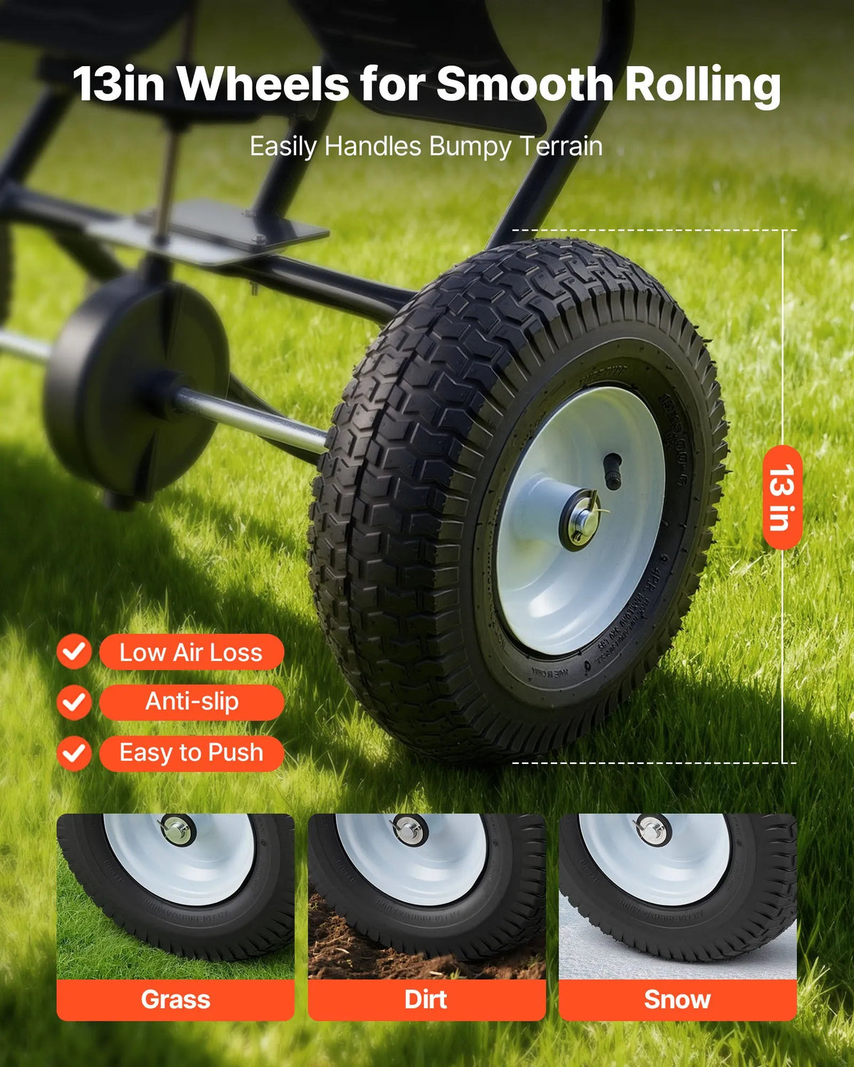 VEVOR stumjamais izkliedētājs ar 3,66 m izkliedes platumu, 33 cm visurgājēja riepas, regulējama padeves kontrole, 59 kg ietilpības tvertne, piemērots mēslojumam, sēklām un pretslīdes materiāliem - ZEMLETES.LV