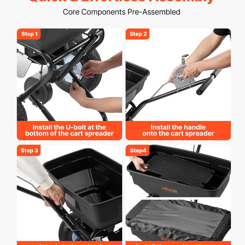 VEVOR stumjamais izkliedētājs ar 3,66 m izkliedes platumu, 33 cm visurgājēja riepas, regulējama padeves kontrole, 59 kg ietilpības tvertne, piemērots mēslojumam, sēklām un pretslīdes materiāliem