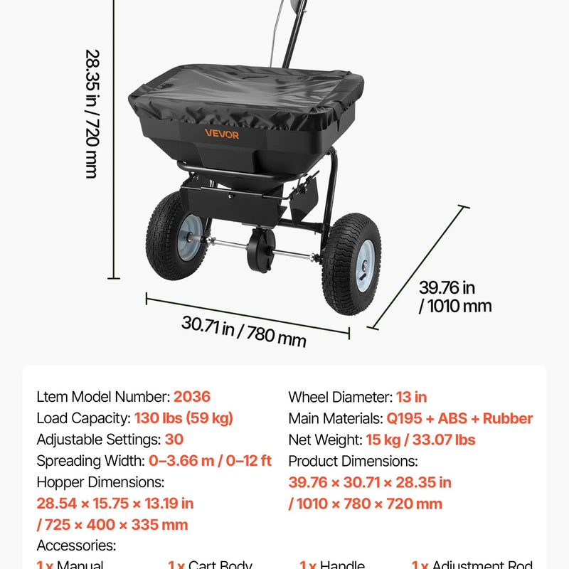VEVOR stumjamais izkliedētājs ar 3,66 m izkliedes platumu, 33 cm visurgājēja riepas, regulējama padeves kontrole, 59 kg ietilpības tvertne, piemērots mēslojumam, sēklām un pretslīdes materiāliem