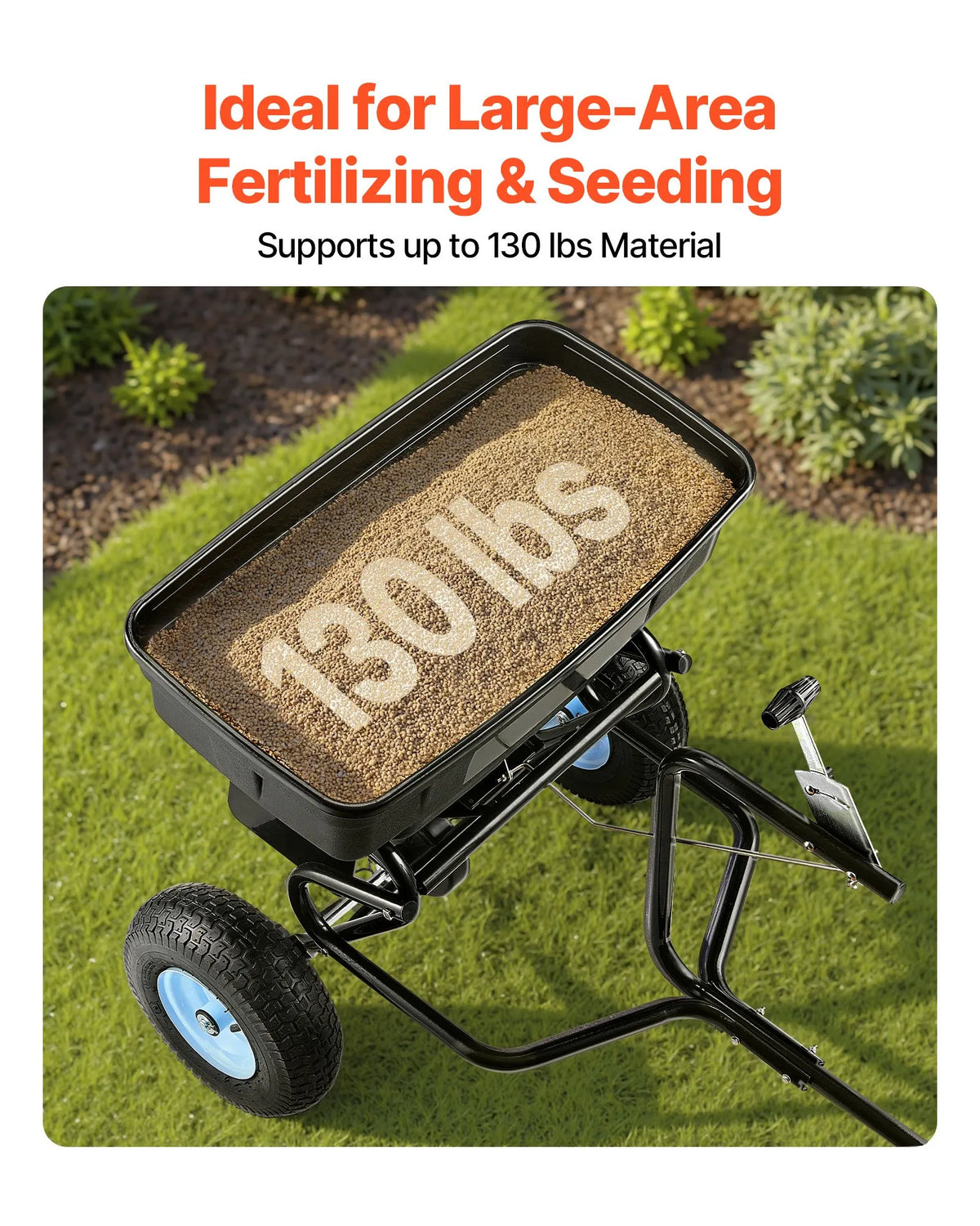 VEVOR Towed Broadcast Spreader, 59 kg Capacity, Garden Spreader Push or Tow with 33 cm Tyres, 30 Adjustable Settings and 3 m Spread Width, Lawn Spreaders for Seeds, Fertiliser, Salt and Ice Melt