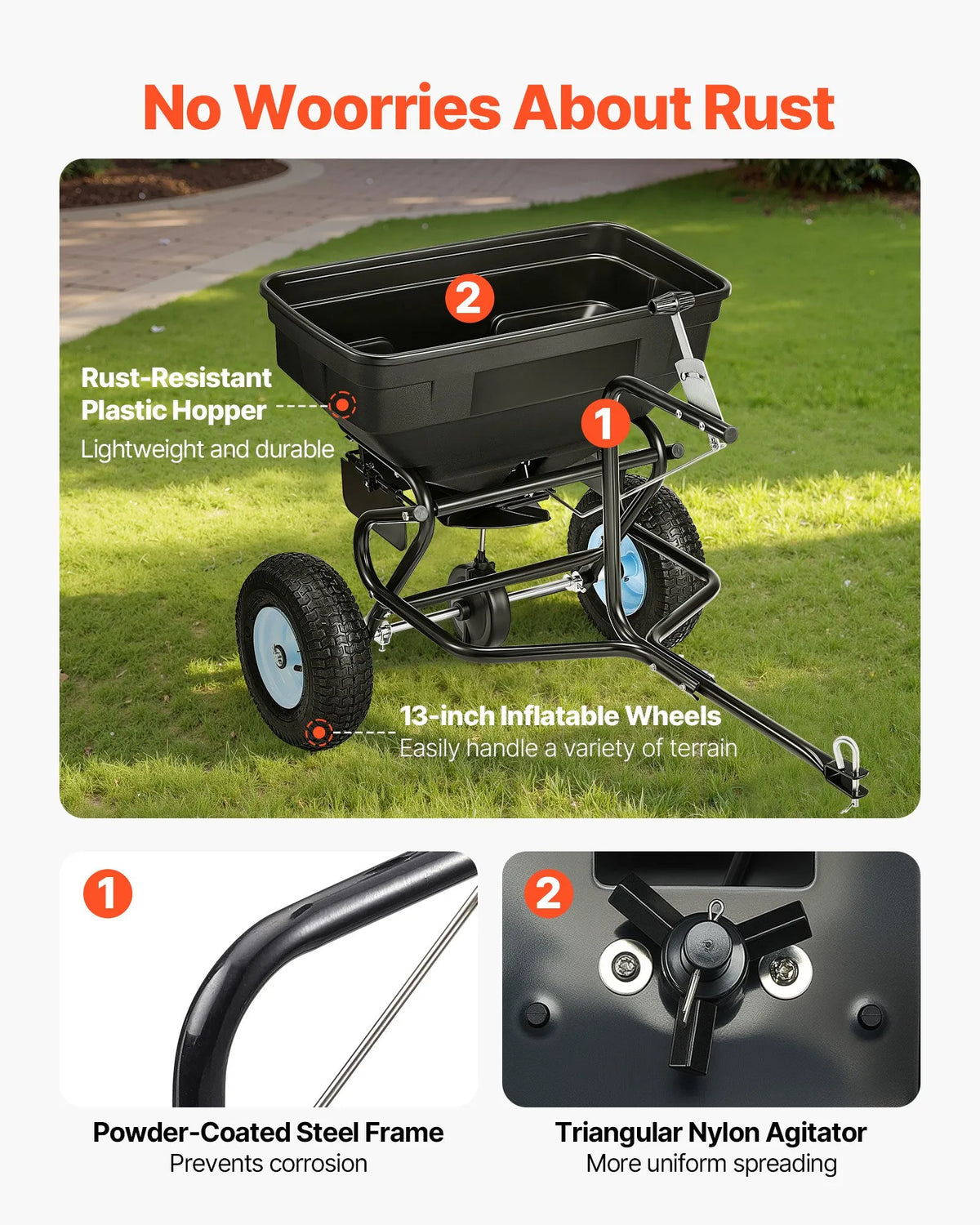 VEVOR Towed Broadcast Spreader, 59 kg Capacity, Garden Spreader Push or Tow with 33 cm Tyres, 30 Adjustable Settings and 3 m Spread Width, Lawn Spreaders for Seeds, Fertiliser, Salt and Ice Melt