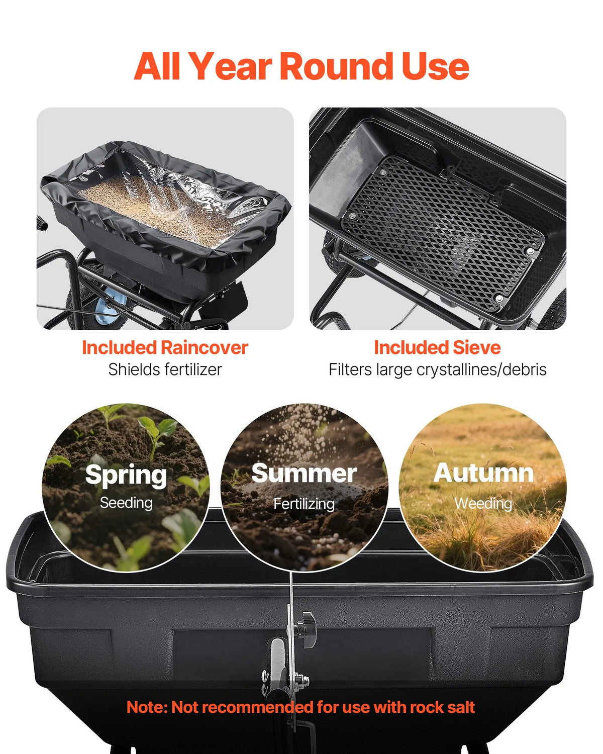 VEVOR Towed Broadcast Spreader, 59 kg Capacity, Garden Spreader Push or Tow with 33 cm Tyres, 30 Adjustable Settings and 3 m Spread Width, Lawn Spreaders for Seeds, Fertiliser, Salt and Ice Melt