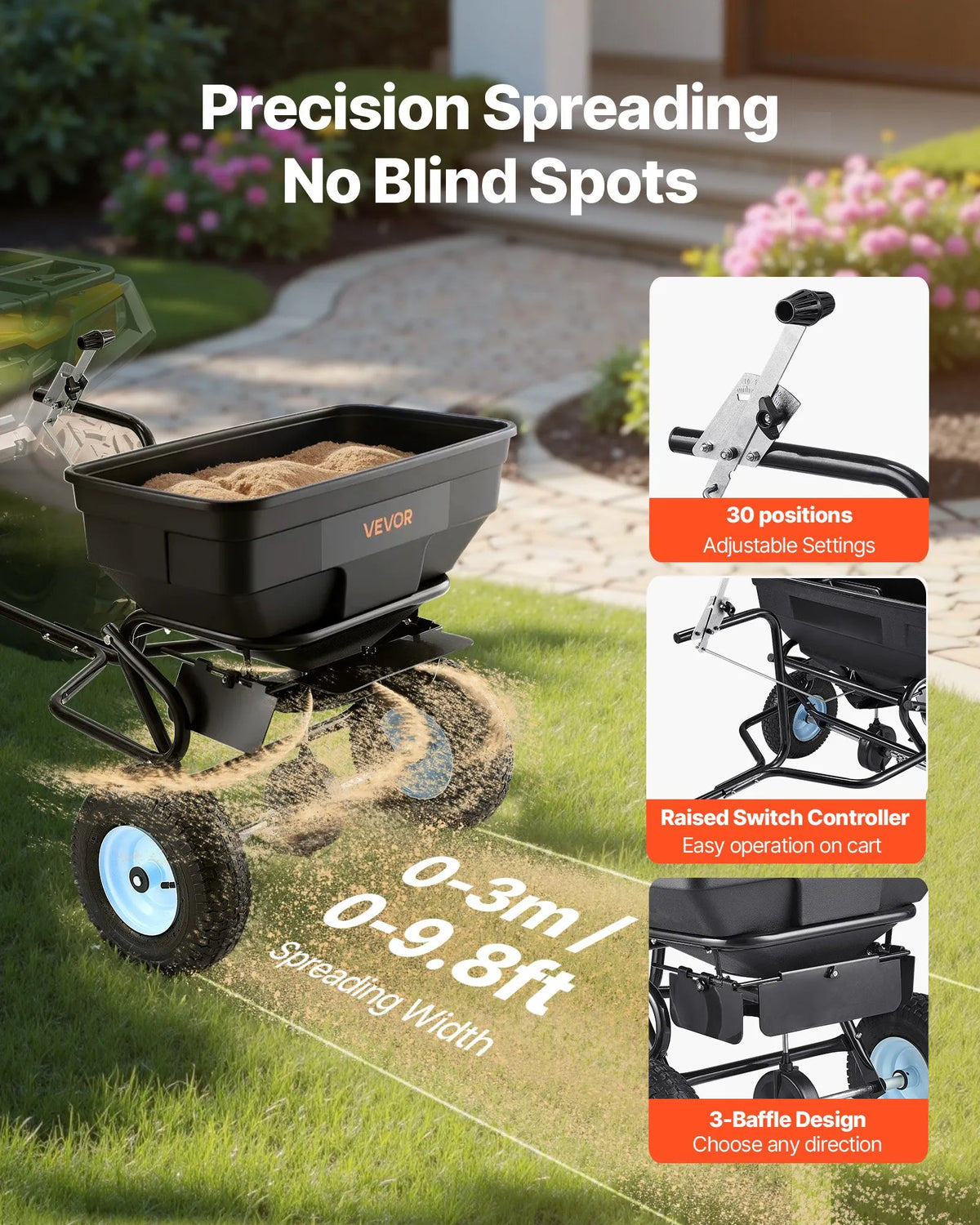 VEVOR Towed Broadcast Spreader, 59 kg Capacity, Garden Spreader Push or Tow with 33 cm Tyres, 30 Adjustable Settings and 3 m Spread Width, Lawn Spreaders for Seeds, Fertiliser, Salt and Ice Melt