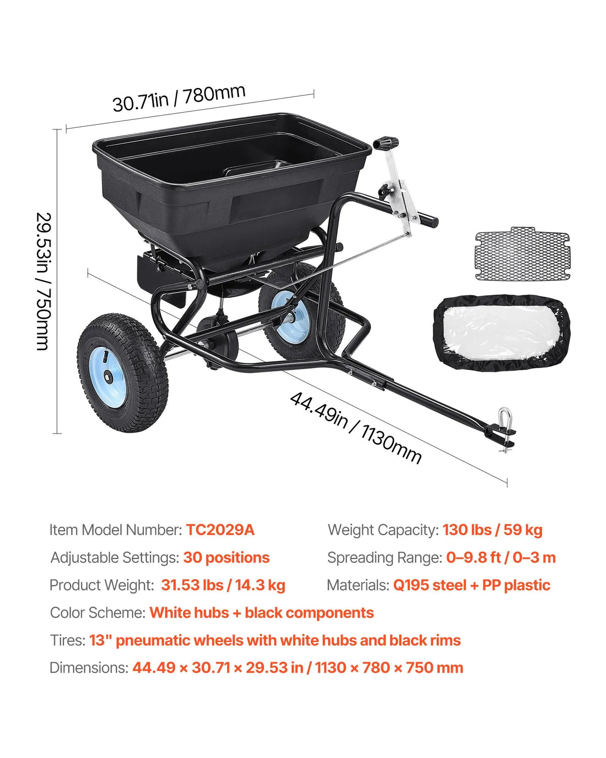 VEVOR Towed Broadcast Spreader, 59 kg Capacity, Garden Spreader Push or Tow with 33 cm Tyres, 30 Adjustable Settings and 3 m Spread Width, Lawn Spreaders for Seeds, Fertiliser, Salt and Ice Melt