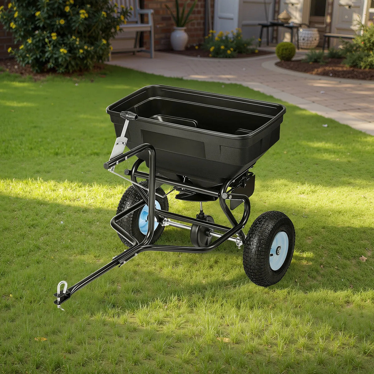 VEVOR Towed Broadcast Spreader, 59 kg Capacity, Garden Spreader Push or Tow with 33 cm Tyres, 30 Adjustable Settings and 3 m Spread Width, Lawn Spreaders for Seeds, Fertiliser, Salt and Ice Melt