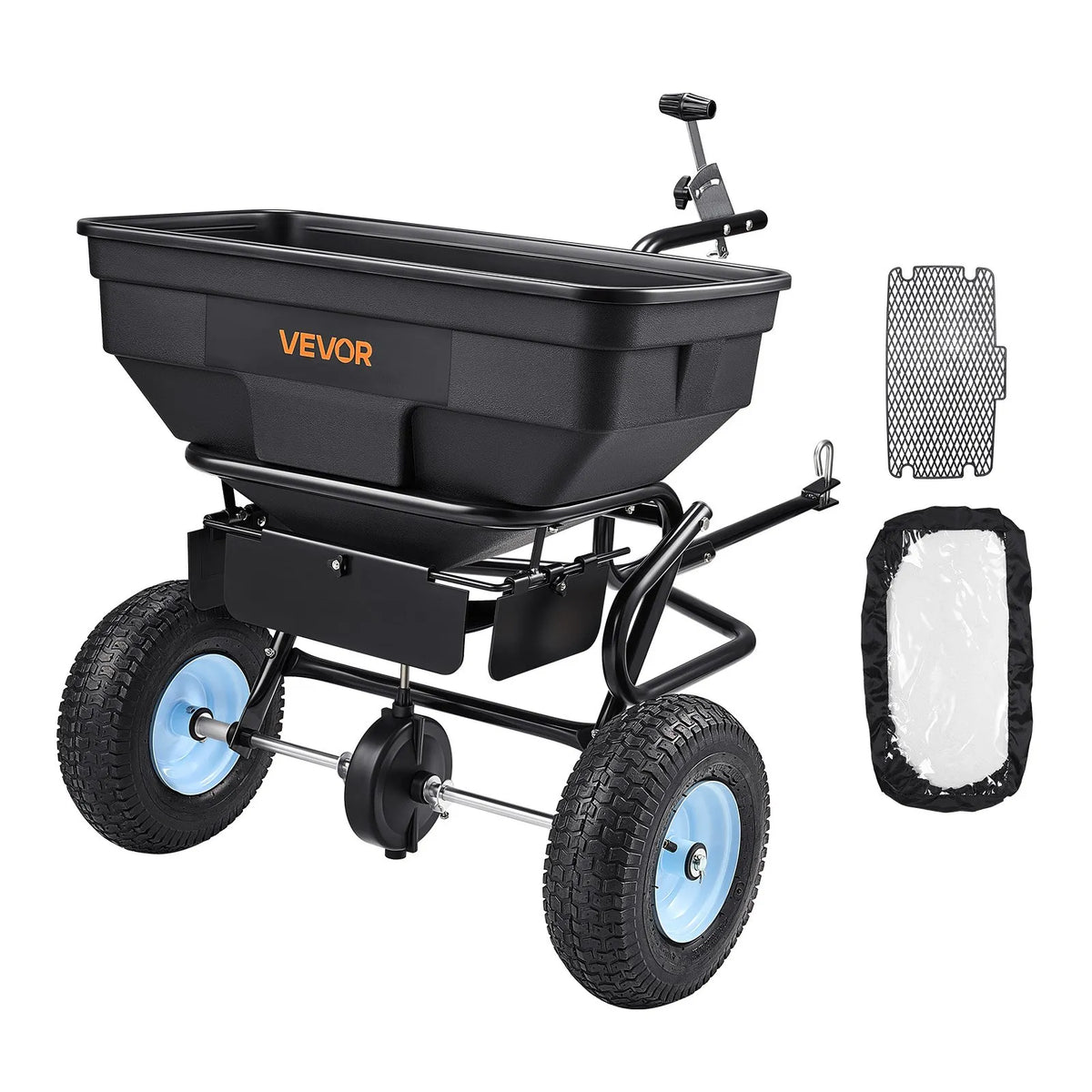 VEVOR Towed Broadcast Spreader, 59 kg Capacity, Garden Spreader Push or Tow with 33 cm Tyres, 30 Adjustable Settings and 3 m Spread Width, Lawn Spreaders for Seeds, Fertiliser, Salt and Ice Melt