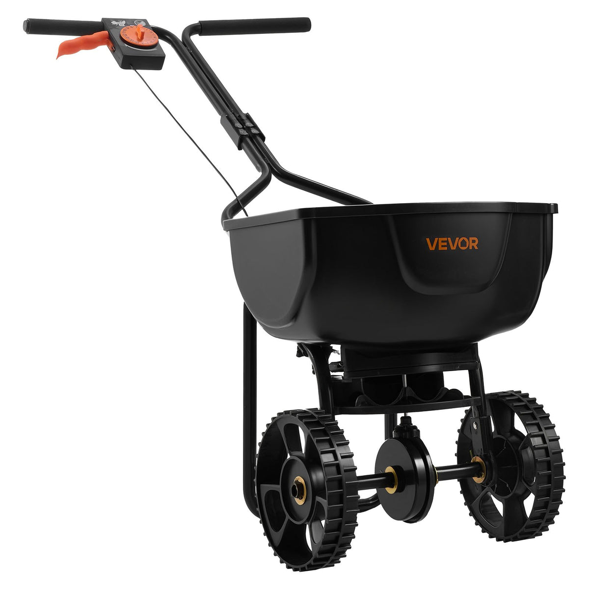 VEVOR Push Lawn Seeder, 3 m Spreading Width, Seeder with 59 kg Hopper Capacity and 25 cm All-Terrain Tyres, Push Garden and Lawn Seeder for Seeds, Fertiliser and Weed Control