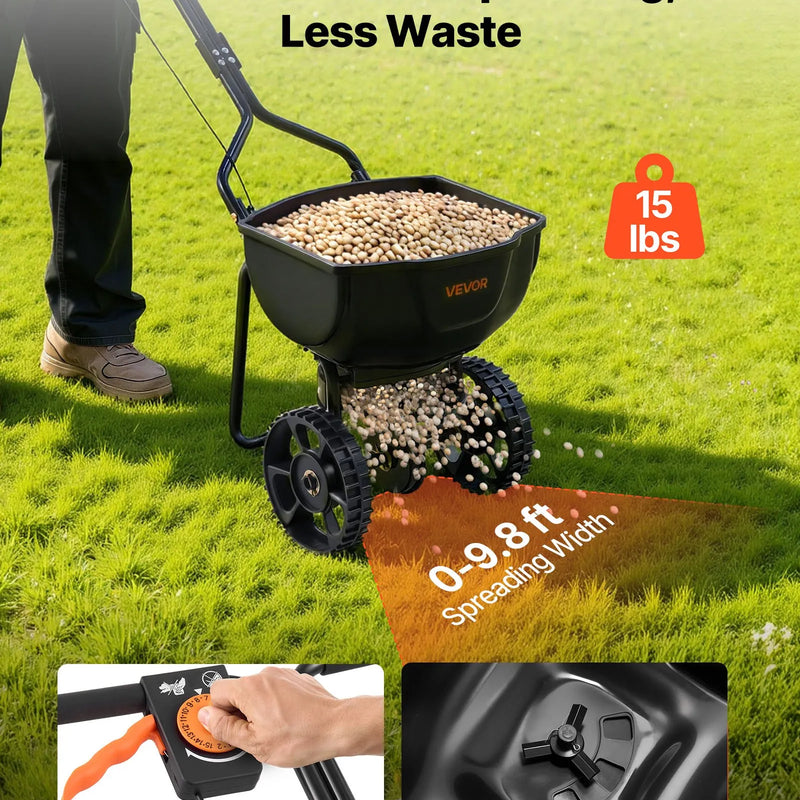 VEVOR stumjams zāliena sējējs, sadales platums 3 m, sējējs ar 59 kg kravas ietilpību un 25 cm visurgājēja riepām, stumjams dārza un zāliena sējējs sēklām, mēslojumam un nezāļu kontrolei